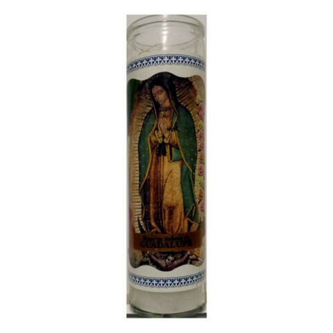 VELON CONSAGRADO NUESTRA SENORA DE GUADALUPE CANDELA ESOTERICA CON CONTENITORE IN VETRO SANTERÍA 